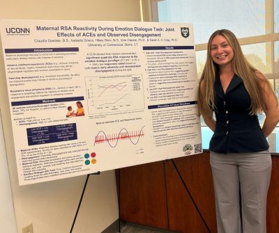 Photo of RA Bella presenting her poster at CPA